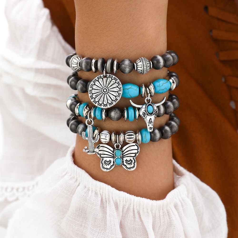 Turquoise and Silver Charm Bracelet Set